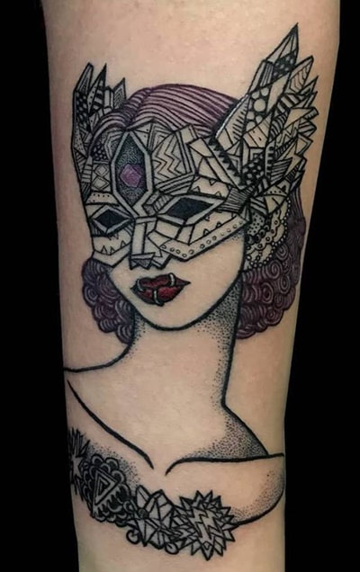 Masked lady done by Max LaCroix at Akara Arts in Milwaukee, WI : r/tattoos